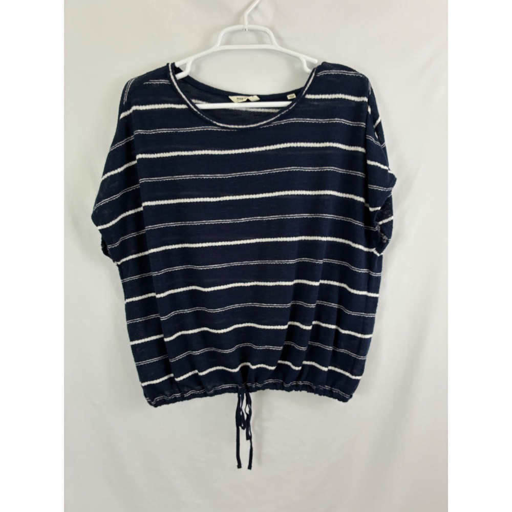 Max Studio London Knit Top Womens S Navy Blue Excellent Striped Drawstring Hem